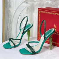 Rene Caovilla Diamond Crystal Emerald Green Sandal 105mm مصمم فاخر Lady Lady Crystal-incrusted Strap Strap Stiletto Cheel Khel Rhinestone Party Shoes