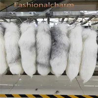 40cm 16 -Long 100% Real Genuine Cross Fox Fur Tail Keychians Plush Pom Poms Cosplay Toy Keyrings Car KeyChain Bag Charm Tasse208D