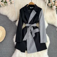 2023 Korea femme eleganta casual klänningar vestidos sommar vintage lapptäcke färg kontrast snörning midja lång ärm tunn dräkt kort klänning