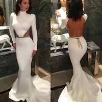 White Evening Dresses Ivory Prom Party Gown Girls Pageant Mermaid Trumpet High Neck Long Sleeve Backless Custom New Sexy Plus Size Sequins Satin