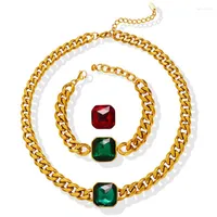 Pendant Necklaces DAVINI Fashion Personality Titanium Steel Gold Plated Thick Bracelet Crystal Stone Necklace Cuban Chain Jewelry Set