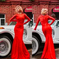 Red Prom Party Gown Lace aftonklänningar Formella flickor Pageant Mermaid Long Sleeve Custom New Plus Size O-Neck Button Golvlängd