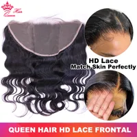 Queen Hair Real HD Invisible 13x6 13x4 Otetekterbar spetsstängning Frontal Brasiliansk jungfru kroppsvåg 100% mänskliga hår Små knop före plockad hårfäste runt