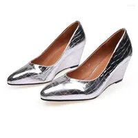 Dress Shoes 6cm Wedges Heel Women Pointed High Work Black Silver Heels Size 34-42