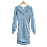 Casual Dresses Autumn Style Retro Street Fashion Solid Color Long-sleeved Hooded Dress Women Elastic Tight-fitting Pleated Hip