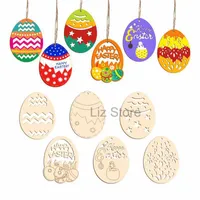 10pcs Set Hollow Out Easter Eggs Pendant Children's DIY Hand-painted Eggs Wooden Chips Home Easter Party Decoration Pendant TH0722
