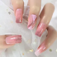 Falsas unhas adoráveis ​​quadradas quadradas quadradas douradas rosa -rosa Pressione em manicure diário DIY Fake Nail Art Dips for Women Girls