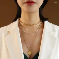 Anhänger Halskette Mani e Piedi 18K Gold 3 Schichten Perlenkette für Frauen Edelstahl Kette Choker Luxusqualität Schmuck Ins Koreanisch