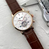 2023 Mens 자동 손목 시계 6 개의 바늘 기계 사업 스포츠 스카이 문 가죽 스트랩 시계 PP 남성 Heuer Watch Man Wristwatch