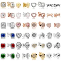 925 Silver Fit Pandora Earrings Crystal Fashion women Jewelry Gift Ear Studs Signature Bow Square Drill Love Heart