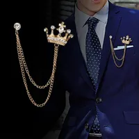 Brooches High-end Retro Men's Tassel Brooch Vintage British Style Pin Crystal Crown Badge Corsage For Suit Collar Accessories