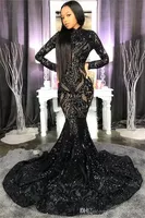 2023 Black Prom Dresses Mermaid Squins Appique Long Sleeves High Neck Custom Made Ruched Evening Party Gowns Formal Exering Wear Plus Size
