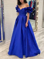 Vestidos casuales elegantes vestidos de fiesta azul longitud del piso fuera del hombro manga volante Ruchada con cintura alta fluida con la noche de la boda invitado de la boda