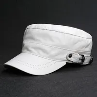 Ball Caps Korean Flat Top Military Hats Men Genuine Leather Fitted White Caps Male Young Thin Casual Casquette Homer 230306