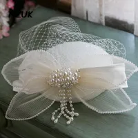 Skąpy brzeg kapelusze nzuk fascynator kapelusz włosy klipsy eleganckie damskie koronkowe aplikacje Bowknot Pearl Bride Wedding Veil Hatpiece Kościoła 230306