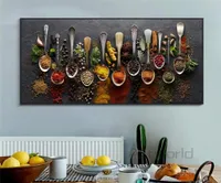 Obrazy motyw kuchenny Ściana sztuka płótna kolorowa przyprawy i łyżka w stole plakaty Drukuj jedzenie składniki gotowania zdjęcia Dekor 3118561