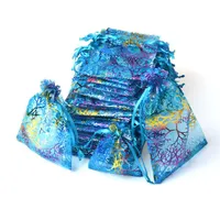 Blue Coralline Organza Drawstring Jewelry Packaging Pouches Party Candy Wedding Favor Gift Bags Design Sheer with Gilding Pattern 214I