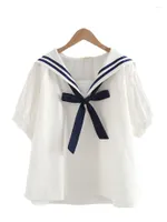 Blusas para mujeres Merry Pretty Summer Mujeres Top de algodón y collar de marinero de estilo preppy Blue blancos Blanco azul marino uniforme escolar tops