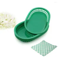 Plates 6pcs 10.5'' Large Plastic Fast Platter Basket 24pcs Checked Wax Coated Paper Dinner Serving Tray Restaurant