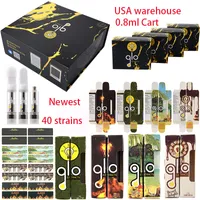 USA warehouse GLO tap NFC verify Atomizers 40 Strains Available 0.8ml 1ml Empty Carts Glass Tank 510 Thread White Flat Tips Vape Cartridges with NEWEST packaging