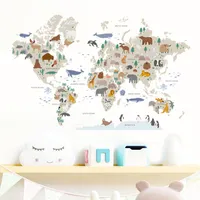 Naklejki ścienne kreskówka duża mapa świata zwierzęta dzikie akwarela winylowe naklejki drukuj pokój dla dzieci wnętrza wnętrza domu 230307