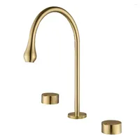 Bathroom Sink Faucets Luxury Brushed Gold Faucet Fashion Design Brass 3 Holes 2 Handle Basin Mixer Top Quality Tap