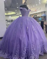 Сирень фиолетовый от плеча Quinceanera платье приспособления для вечеринок на день рождения платья с мячом с мячом с бисером.