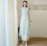 Ethnische Kleidung Han 2023 chinesischer Stil Hoop Button Retro Chiffon Kleid täglich Zen Performance Jacke Hosen Vintage Cheongsam Grün Weiß