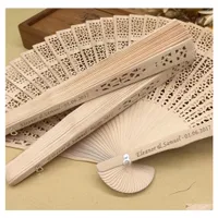 Fans Parasols 50Pcs/Lot Personalized Chinese Sandalwood Fan With Organza Bag Custom Made Names Words Hollow Out Hand Summer Weddin Dhmrx