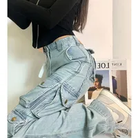 Women s Jeans Fashion multi pocket drape personalized high waist jean s clothing winter high street trend design cargo pant 230306
