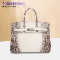 Original edition Designer Herms Briki Bags online shop 35 Nile crocodile leather bag versatile large women's handbag half hand sewn Himalayan white bag