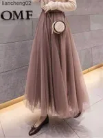 Skirts 2022 New Spring Summer Korean Style Women Swing Long Skirt Pleated Lace Mesh Sweet Loveliness Lady High Waist Ball Gown Skirts W0308