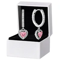 Sparkling Halo Heart Hoop -oorbellen voor Pandora 925 Sterling Silver Wedding Sieraden voor vrouwen Vriendin Gift Roze CZ Diamond Designer Earring met originele doos
