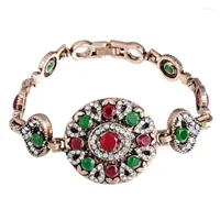 Charm Bracelets Vintage Turkey Bracelet For Women Luxury Red Resin Rhinestone Plating Gold-Color Flower Bangle Retro Bohemian Jewelry