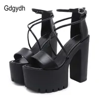 Sandals Gdgydh Platform Shoes For Summer Extreme High Heels Sandals Open Toe Fashion Buckle Block Heels Punk Black Leather Good Quality Z0306