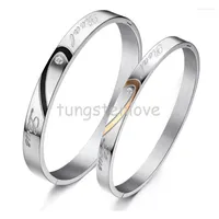 Bangle 1 Piece Couples Bracelets Heart Shape Stainless Steel "Real Love" Engraved Promise For With Rhinestone