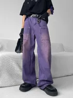 الجينز للرجال Qweek Harajuku Retro Purple Cargo Jean كبير الحجم الهيب هوب الشارع الشارع الجرونج الساق الواسعة سراويل سراويل 90s خمر السفجر 230308