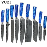 Küchenmesser Set Blue Harz Griff Koch Messer Laser Damaskus Muster Japanisch Edelstahl Santoku Cleaver Slicing Tools2447