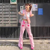 Women's Jeans Heart Letter Embroidery Womens Harajuku Pink Kawaii Y2K Bottoms Vintage 90S Baggy Denim Pants Cute Wide Leg Trouser