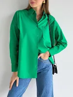 البلوزات النسائية النساء القميص الأخضر الأساسي فضفاض القطن الكبير الحجم الأنيق القمصان الأنيقة الجيب أنثى 2023 ربيع الأكمام الطويلة قمم سيدة
