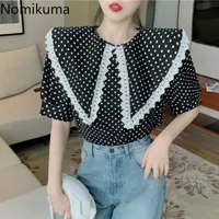 Women's Blouses & Shirts Nomikuma Puff Sleeve Contrast Color Dot Women Lace Patchwork Vintage Blouse Korean Fashion Loose Tops Blusas Mujer