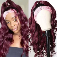 Umbre Bordeaux Headband Wigs Synthetic Body Wave Lijmloze Non Lace Front Wip for黒人女性20 22 24 26 28 30inch212m