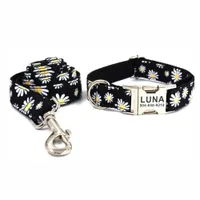 Dog Collars Leashes Personalized Pet Collar Custom Puppy Nameplate ID Tag Adjustable Buckle Strong Black Daisy Flower Basic Collars Lead Leash Set 230309