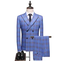 TUXEDOS Новый синий жених Slim Fit 3 кусочки мужские костюмы с двойной грудью Formal Men Formal Men Business Jupt Add Drop Delief Dh7um