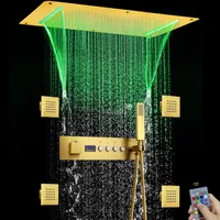 Ceiling Embedded 700*380mm LED Shower Head Brushed Gold Temperature Display Thermostatic Shower Faucet Set