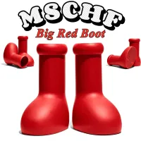 2023 مصمم MSCHF Men Women Rain Boots Big Red Boot Eve Rubber Astro Boy Props On the Knee Booties Cartoons Shoes Scare Bottom Platform 35-45