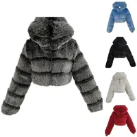 Women Fashion Winter Faux Fur Cropped Coat Fluffy Zip Hooded Warm Short Jacket G1015266j