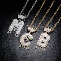 Iced Out Crown Letterngaces Gold Silver Drip A-Z Prendant inial مع سلسلة حبل ملتوية للرجال للنساء أزياء CZ Zirconia Hip Hop Punk Jewelry Gifts