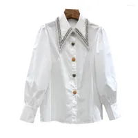 여자 블라우스 Ihobby 캐주얼 패치 워크 셔츠 옷깃 긴 랜턴 슬리브 흰색 우아한 셔츠 여성 패션 의류 2023