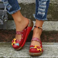 Slippers Okkdey Estilo étnico Flor Homel de salto alto Sapatos de praia Sandálias Red Red e Baotou Outerwear Women